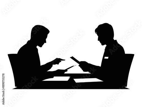 Two professionals discussing documents over a meeting table isolated on white background, Vector, illustration
