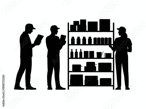 Three individuals examining bookshelves filled with various books in a library setting isolated on white background, Vector, illustration