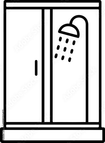 Minimalist Shower Cabin Icon with Running Water – Vector Line Art