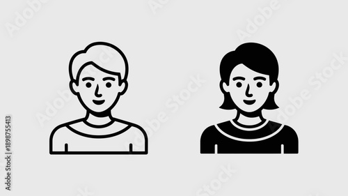 Two minimalist icons of a smiling man and woman with short hair isolated on white background, Vector, illustration