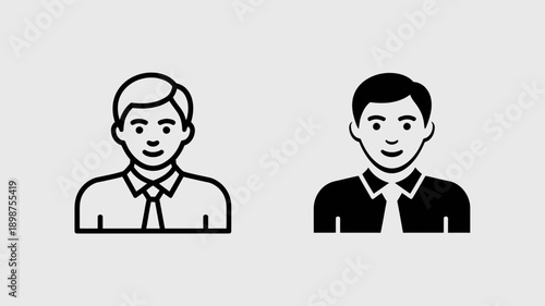 Two business professionals depicted with smiling faces and formal attire in black and white isolated on white background, Vector, illustration