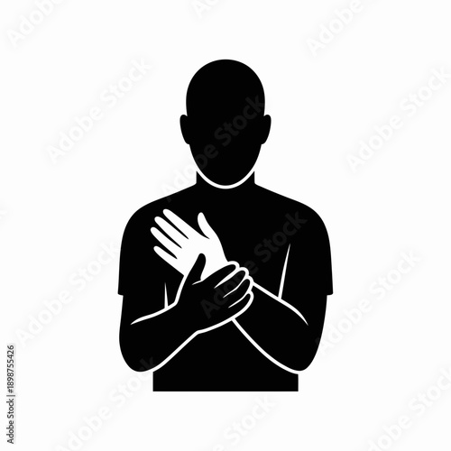 Silhouette of a person with clasped hands over their chest in a gesture of distress or contemplation isolated on white background, Vector, illustration