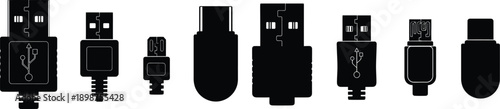 A collection of various usb ports and connectors shown in black and white
