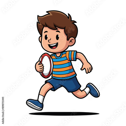 Cartoon boy running happily holding a red frisbee wearing blue and orange striped shirt and blue shorts smiling brightly