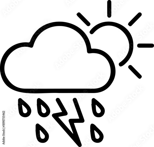 Minimalist Weather Icon of Sun Cloud and Lightning Bolt - Stormy Day Line Art Vector for Apps and Forecasts