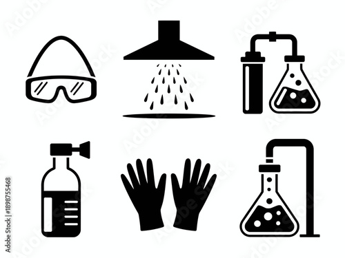 Essential safety and laboratory equipment icons displayed together isolated on white background, Vector, illustration