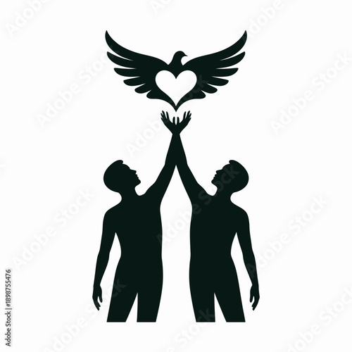 Two figures holding a heart under a wing symbolizing unity and protection isolated on white background, Vector, illustration