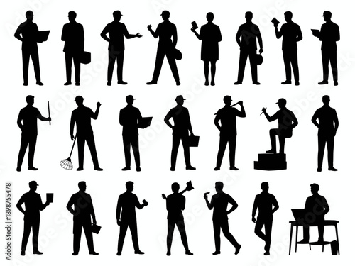 Diverse silhouettes of people engaged in various dynamic activities and poses isolated on white background, Vector, illustration