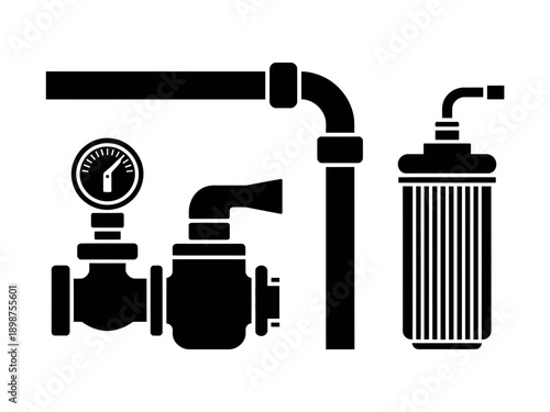 Plumbing system components including valves, pressure gauge, and water filter isolated on white background, Vector, illustration