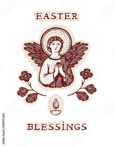 Easter blessings angel christian religious card illustration. Hand drawn angelic spirit with flower and wings for holy week season greeting. Isolated editable vector black and white cross oval frame