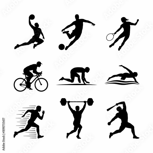 Sports icon set with 9 athletes