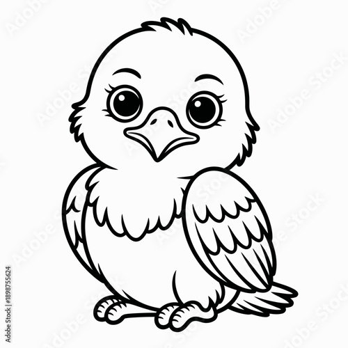 A charming black and white illustration of a curious young owl perched thoughtfully isolated on white background, Vector, illustration