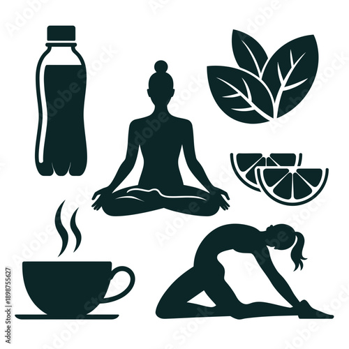 Wellness icon set, includes yoga, meditation, healthy drink, leaf, citrus, and tea symbols. Created in dark green silhouette style with white background.