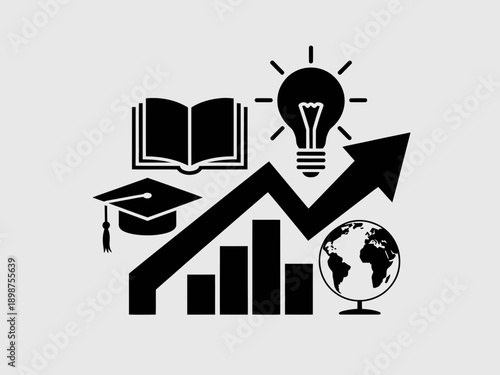 Education, innovation, and global growth symbolized through icons and graphics. isolated on white background, Vector, illustration