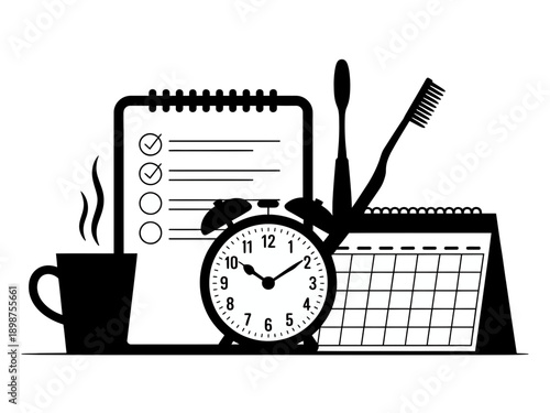 A classic desk setup featuring stationery and timekeeping essentials isolated on white background, Vector, illustration
