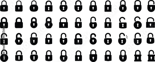 Set of Silhouette of locked and unlocked padlock. Flat design. close and open lock collection. Security symbol. Privacy symbol vector stock illustration.