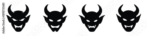 Set of Horned Demon Head Vector Icons, Evil Devil Silhouette Faces with Fangs and Pointy Ears, Spooky Satanic Monster Mascot Graphic Elements for Horror Design and Gaming Logos