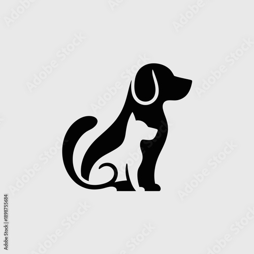 A minimalist black silhouette of a sitting dog with curled tail and floppy ears isolated on white background, Vector, illustration