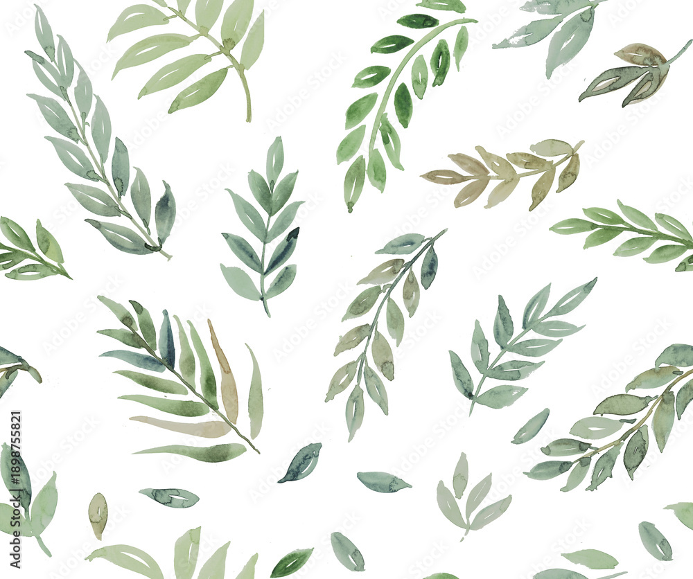 Fototapeta premium Watercolor painting of leaf and flowers, seamless pattern on white background. summer print , allover design . Fresh botanical green foliage painted in soft gradients.sage green leaf forms