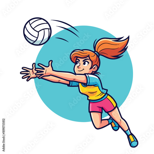 Colorful vector art of young redhead girl diving with arms outstretched catching white volleyball in dynamic side view action
