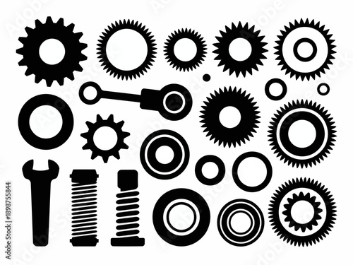 Collection of black and white mechanical gears and tools in a circular arrangement isolated on white background, Vector, illustration