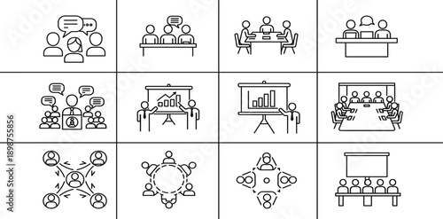 Business Meeting and Team Collaboration Line Icon Set with Discussions, Presentations, Conferences, Brainstorming, and Corporate Communication Symbols for Web and App Design