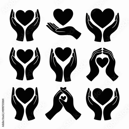 Heart care icon set. Includes 9 heart and hand icons. Created in solid black style with white background.