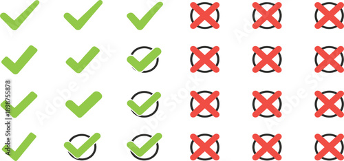 Check Mark and Cross Icon Set with Approved and Rejected Symbols, Validation Status Indicators, Yes No Selection Marks, and Confirmation Signs for UI and Web Design