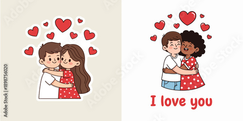 Cartoon Valentine’s Day Illustration of Hugging Couple with Hearts, Valentine's Day, love, I love you, romantic illustration, cartoon couple, hugging couple, red polka dot dress, white shirt, 