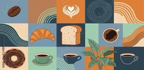 Coffee and Bakery Illustration Pattern Set with Cups, Beans, Croissant, Bread, Donut, Organic Shapes, and Retro Color Blocks for Cafe Branding Design