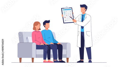 Healthcare Consultation: A doctor explains test results to a couple, creating a moment of dialogue, trust, and empathetic care.