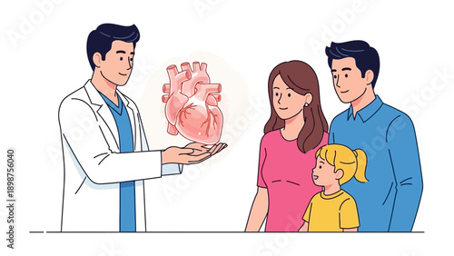 Healthcare Insights: A doctor explains the human heart to a family, symbolizing health education and preventative care.