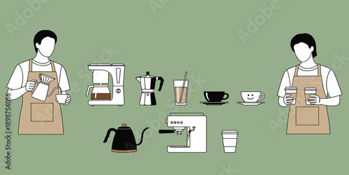 Coffee Brewing and Barista Illustration Set with Espresso Machines, Drip Coffee, Moka Pot, Cups, and Cafe Preparation Equipment for Coffee Shop Design