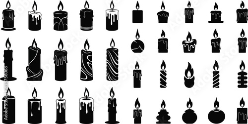 A diverse collection of various candle designs and styles in black and white