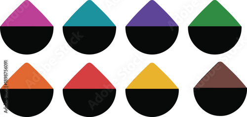 Holi color powder bowls illustration set, bright gulal pigments collection for Indian festival celebration, flat modern design elements isolated on white