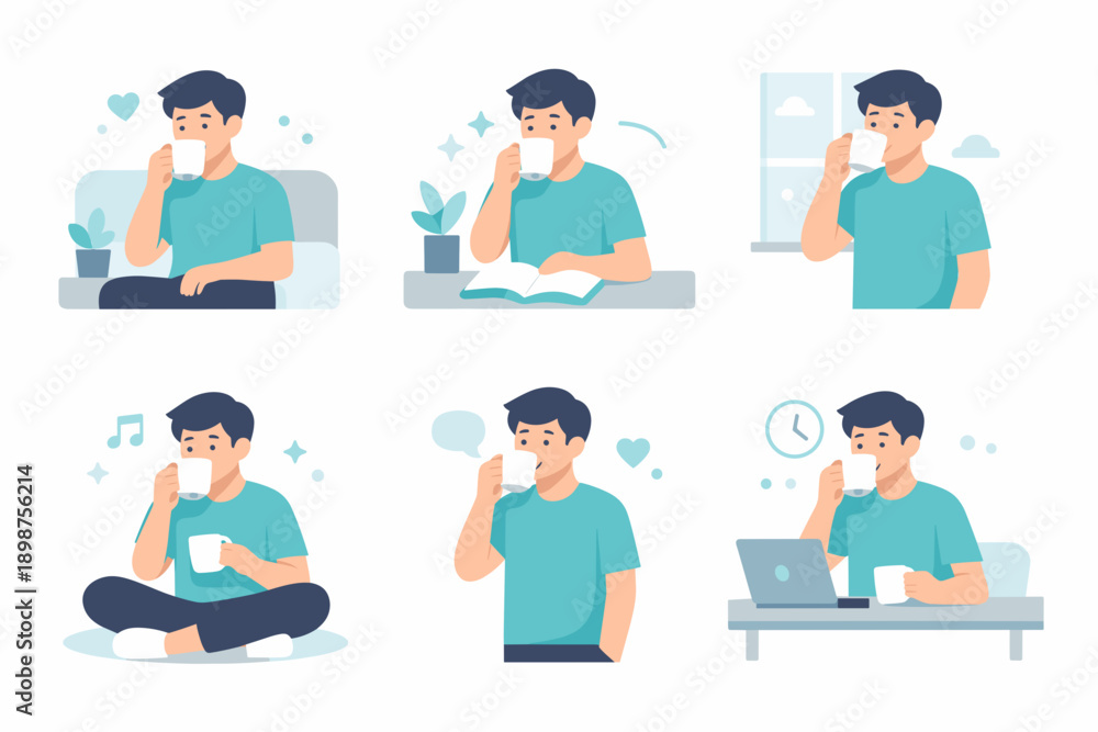 Fototapeta premium Man listening to music and relaxing at home flat illustration set for leisure, headphones and daily routine