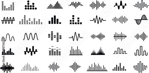 Sound waves icons set. Analog and digital audio signal collection. Music equalizer. Interference voice recording. High frequency radio wave. Vector illustration.