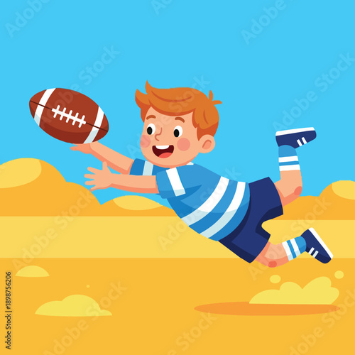 Colorful cartoon style boy diving to catch brown football in blue and white sportswear on sunny field with clear sky