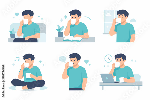 Man listening to music with headphones flat illustration set for relaxation, leisure and home lifestyle