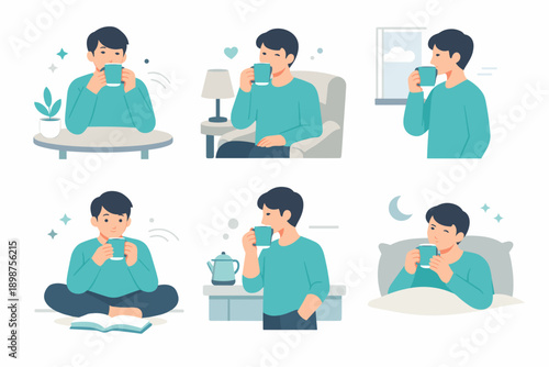 Man drinking coffee and relaxing at home flat illustration set for leisure, rest and daily routine