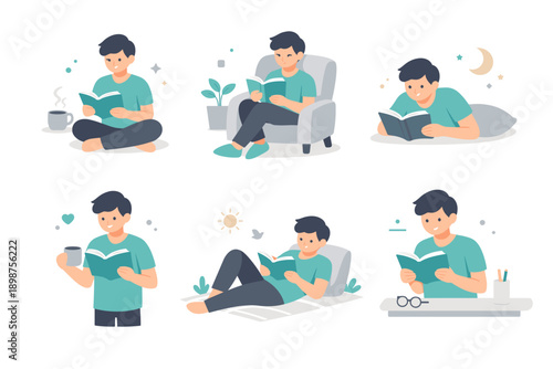 Man relaxing and reading at home flat illustration set for leisure, rest and daily routine