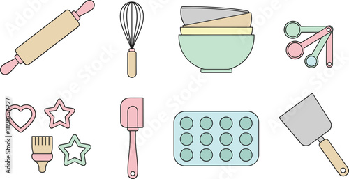 Flat vector icons of baking tools featuring a rolling pin whisk mixing bowls measuring spoons cookie cutters and muffin tin.