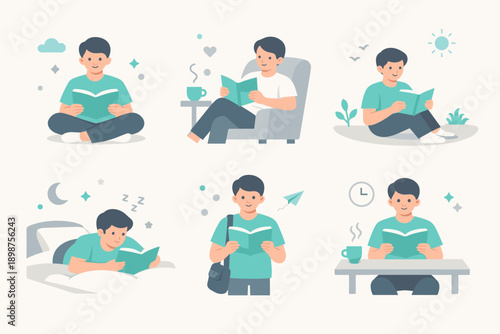 Man reading and relaxing at home flat illustration set for leisure, rest and daily routine