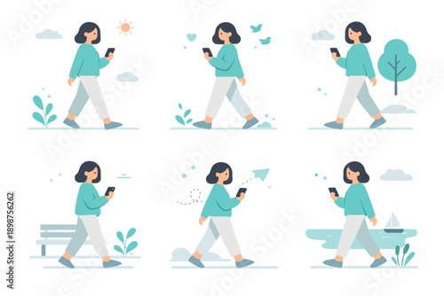 Woman walking outdoor flat illustration set for daily routine, lifestyle and light activity