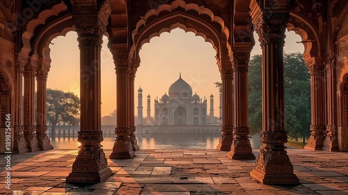 View of Taj Mahal Through Ornate Archway at Golden Sunrise in India