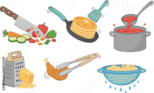 Flat vector illustrations of cooking actions featuring chopping vegetables flipping pancakes simmering soup grating cheese and straining pasta.