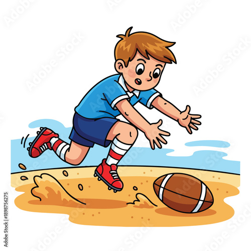 Colorful cartoon boy in blue shirt and shorts running to catch brown football on sandy ground with sky background
