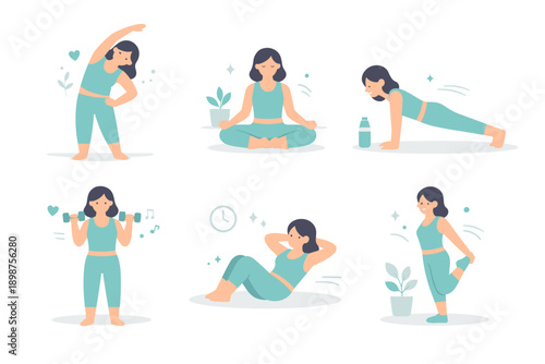 Woman fitness and home workout flat illustration set for yoga, stretching and healthy lifestyle