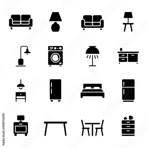 Minimalist black and white icons depicting various living room and bedroom furniture pieces isolated on white background, Vector, illustration