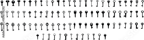 Key icon symbol flat style set. Door or house key to unlock lock collection. Security system concept represented by outline and silhouette key sign group